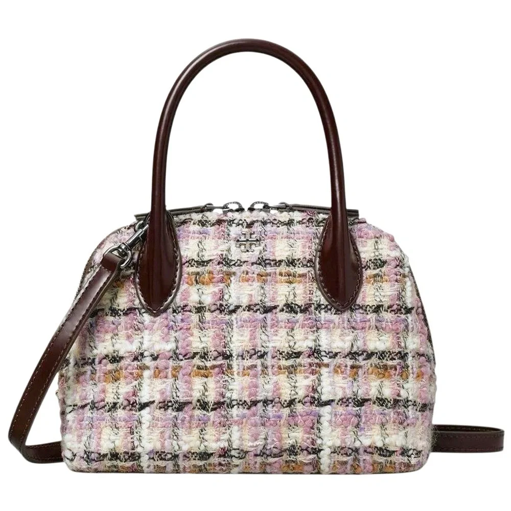 Tory Burch Pink‎ Tweed Mini Satchel with Brown Trim